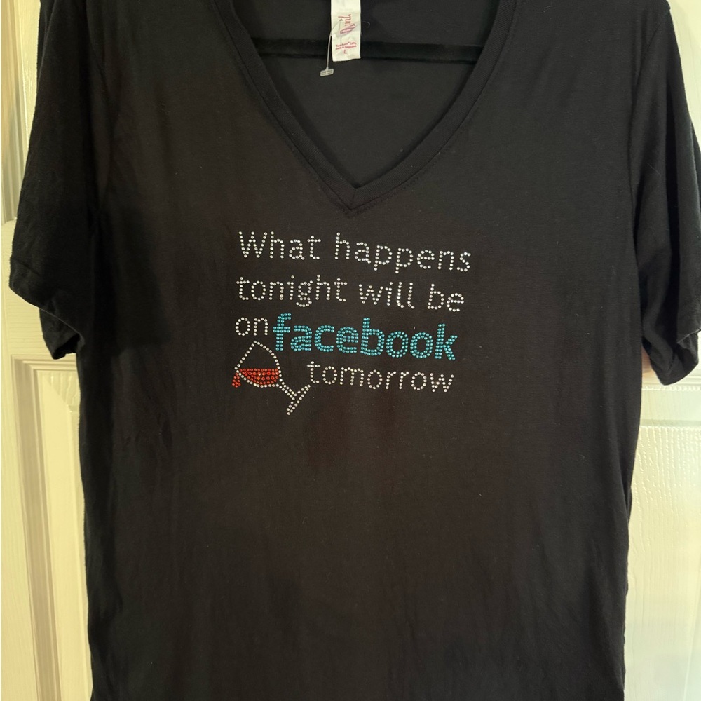 Anvil Black Short Sleeve V-Neck Tee with Rhinestone Facebook Graphic